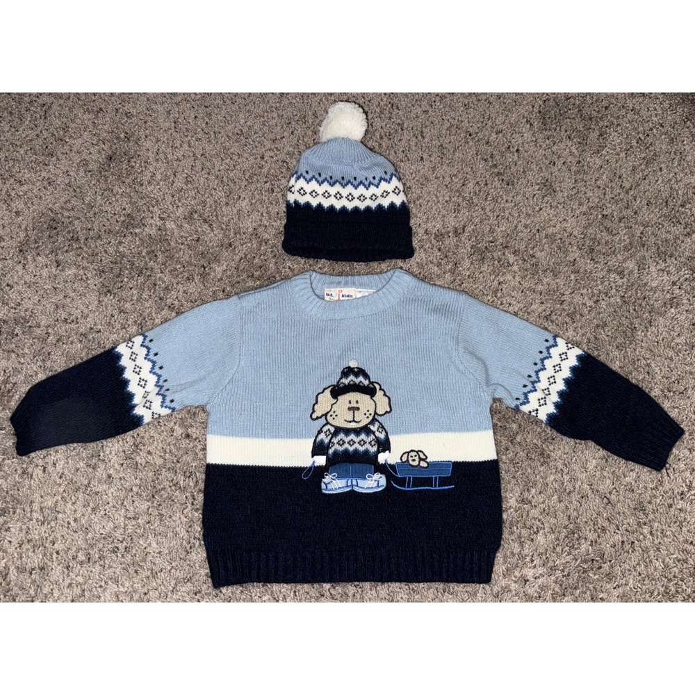 Vintage b.t. kids Puppy Dog Pulling Sled  Sweater‎  w Beanie Hat Blue 24 Months